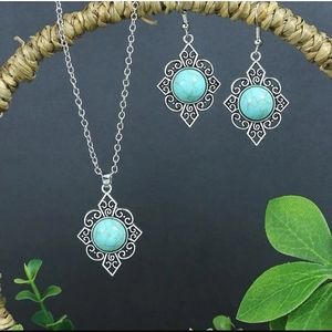 Silver Turquoise Matching Necklace & Earrings Set, Brand New